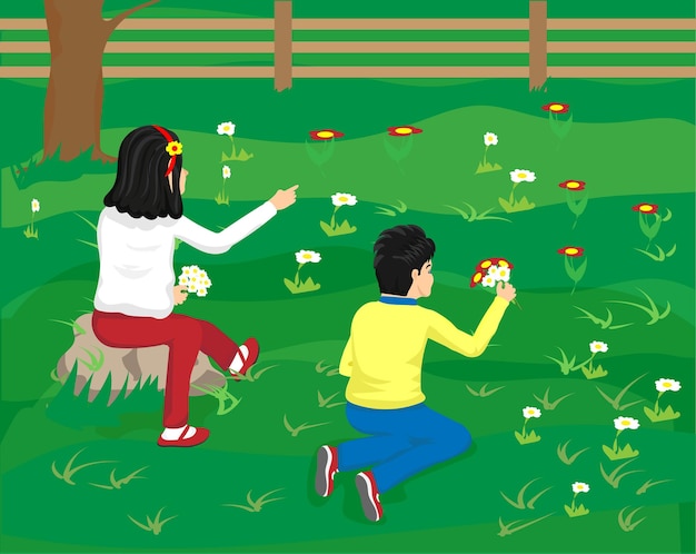 girl and boy picking flowers