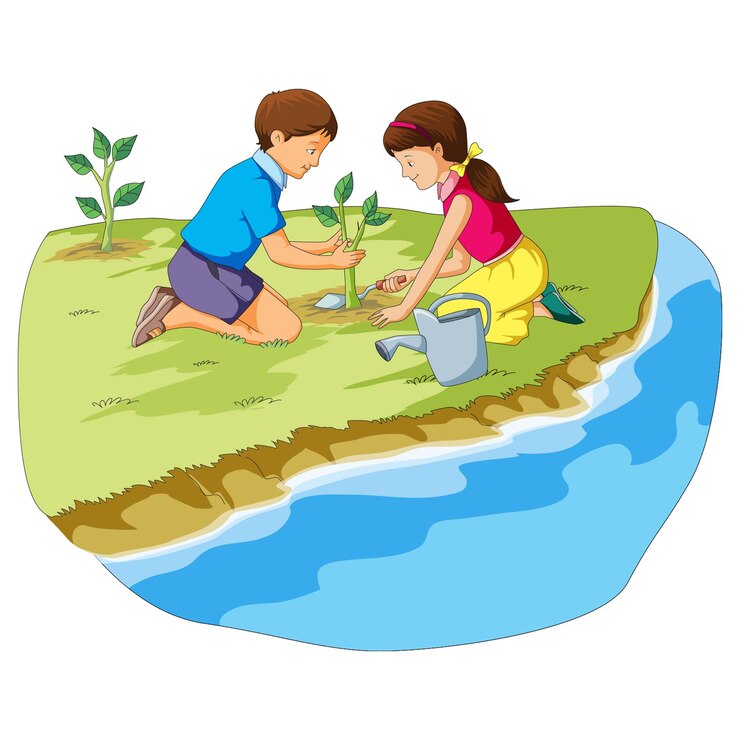 वेक्टर girl and boy planting tree graphic vector illustration