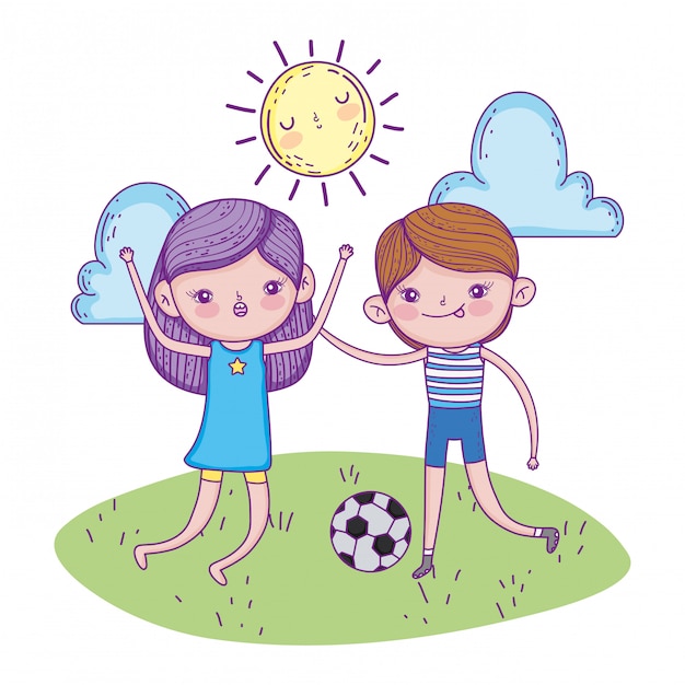 Girl and boy play soccer with ball