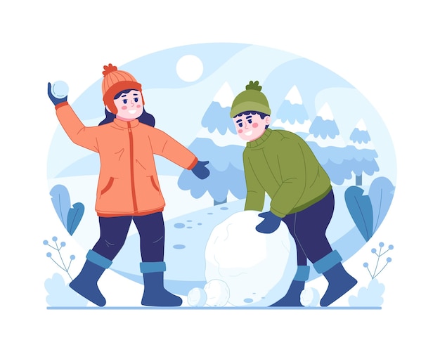 Vector girl and boy playing snowballs in winter