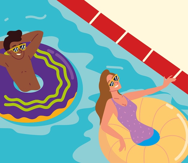 Vector girl and boy relaxing in pool