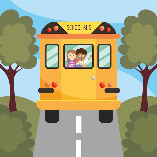 Vector girl and boy students in the school bus