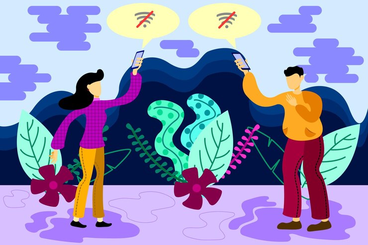 Vector a girl and a boy using smartphone in the nature having no signal flat vector illustration.