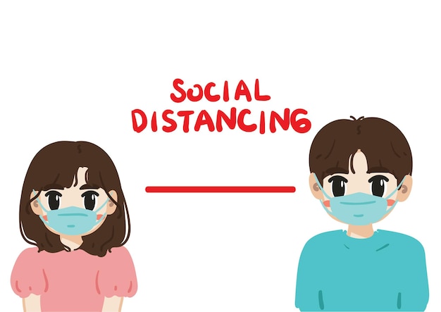 A girl and a boy wearing mask doing social distancing