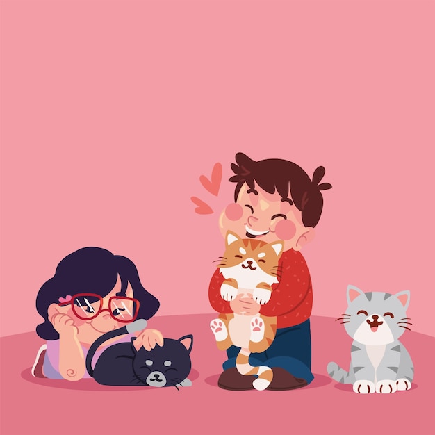 Девочка и мальчик с кошками