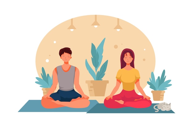 Vector girl and boy do yoga in lotus pose