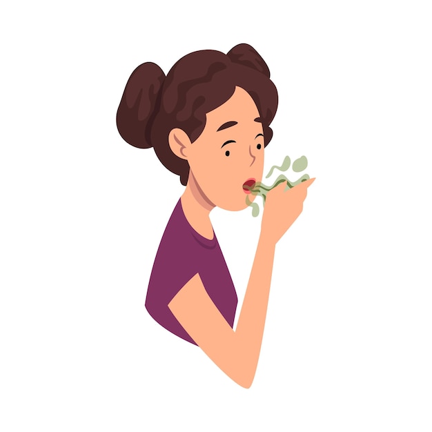 Vector girl breathing to her hand to check and smell her bad breath vector illustration