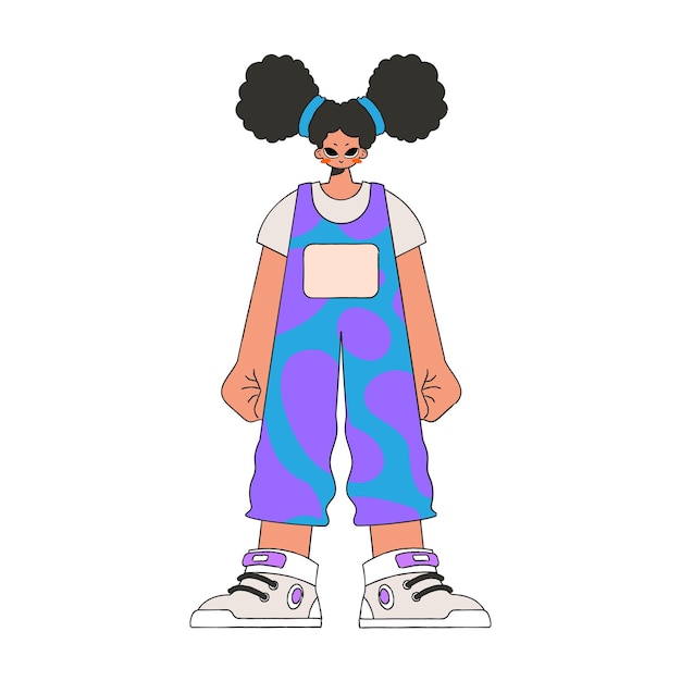 Vector a girl in a bright jumpsuit and crouches