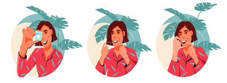 Vector girl brushes her teeth with a dental floss illustration of the process dental flat illustration