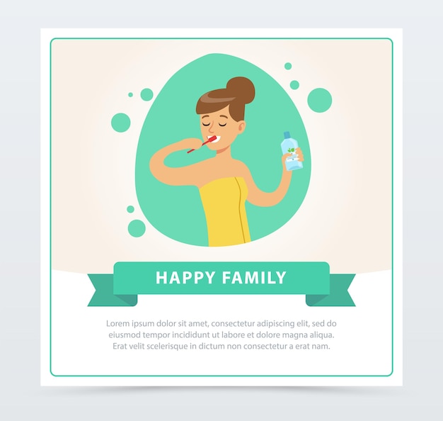 Girl brushing her teeth daily routine hygiene procedure happy family banner flat vector illustration design element for website or mobile app with sample text