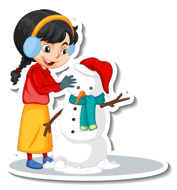 A girl building a snowman cartoon character sticker