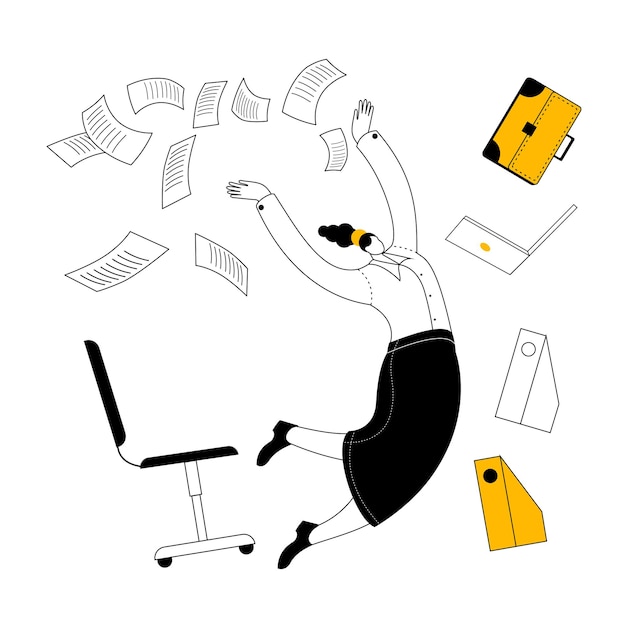 A girl in a business suit is flying among office supplies and papers
