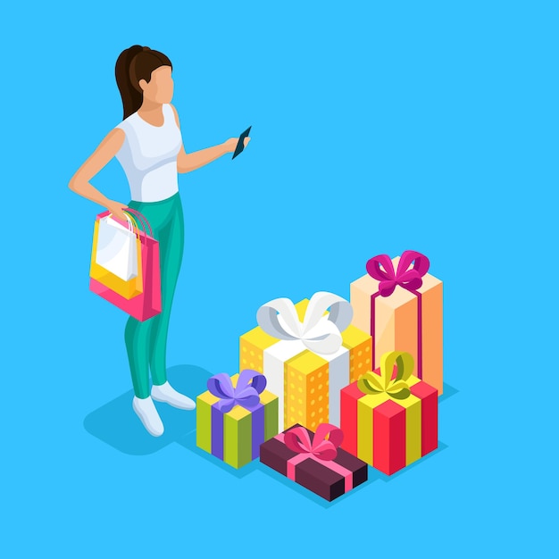 Girl buy gifts with bright packages for holidays