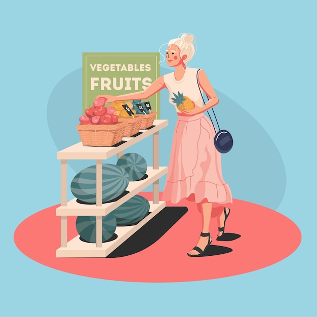 Vector girl buying fruits in store