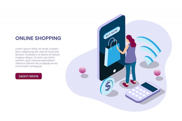 A girl buying online in isometric illustration style