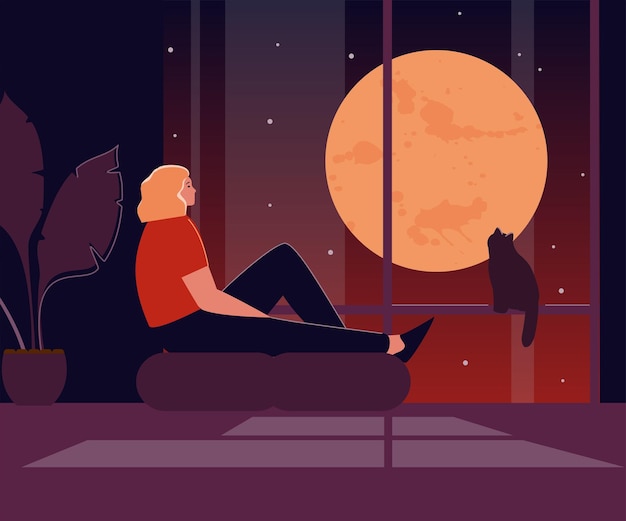 Vector girl by the window looking at the big moon loneliness or insomnia vector illustration