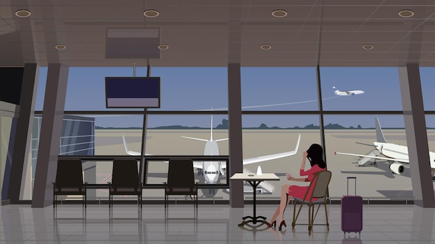 A girl in a cafe at the airport near the window overlooking the planes vector