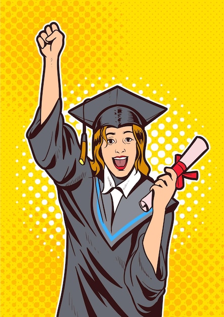 A girl in a cap and gown with a diploma in his hand.