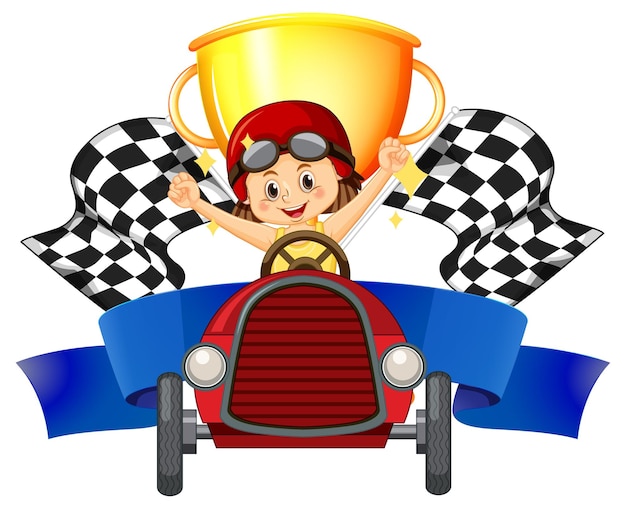 Pilota di auto ragazza sul trofeo e bandiera di gara