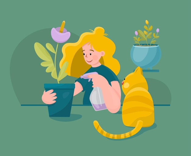 Vector girl care plants with cat vector artwork