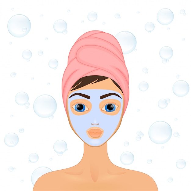 Girl cares and protects her face with various actions, facial, treatment, beauty, healthy, hygiene, lifestyle, set, in a towel, mask,