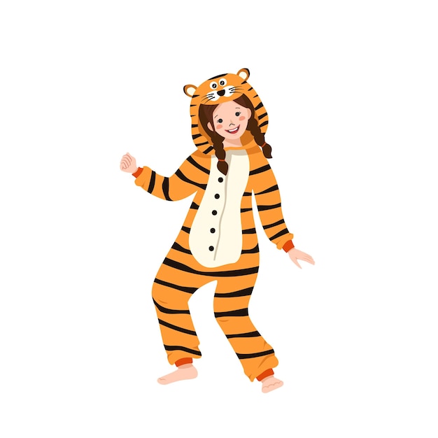 A girl in a carnival costume of a tiger. children pajama party. kid wearing jumpsuits or kigurumi, festive clothing for new year, christmas or holiday