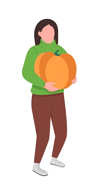 Vector girl carrying pumpkin semi flat color vector character. dynamic figure. full body person on white. harvest fest isolated modern cartoon style illustration for graphic design and animation