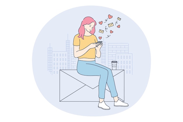 girl cartoon character sitting with smartphone in hands