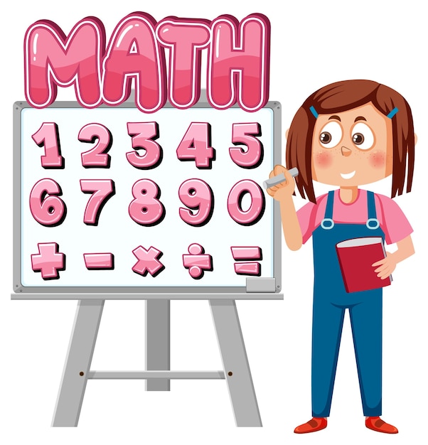 Girl cartoon character with math and number theme