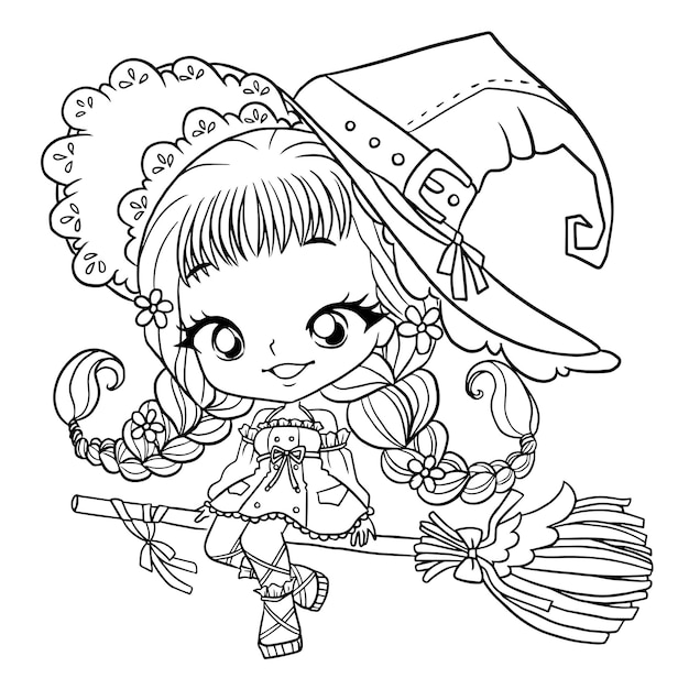 witch girl cartoon doodle kawaii anime coloring page cute