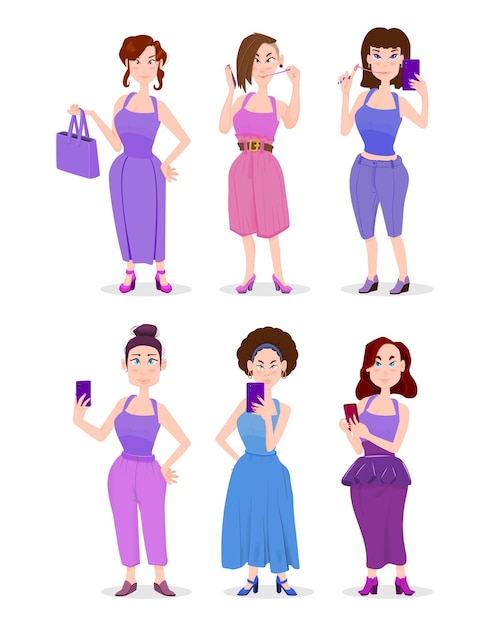 Vector girl cartoon style character in different poses with phones in hands.