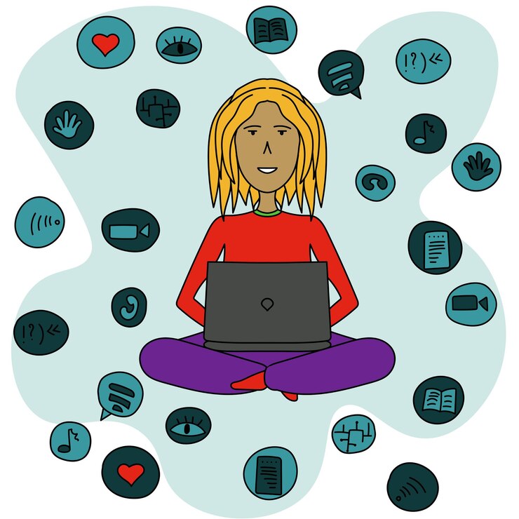 Vector girl in cartoon style studying or working with laptop sitting person and icons of media resources