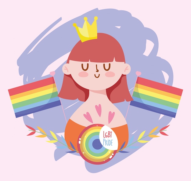 Girl cartoon with crown and lgtbi flags design