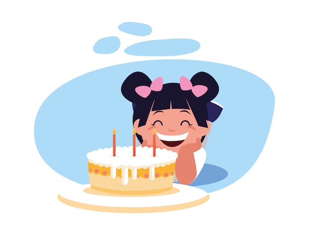 Vector girl cartoon with happy birthday cake