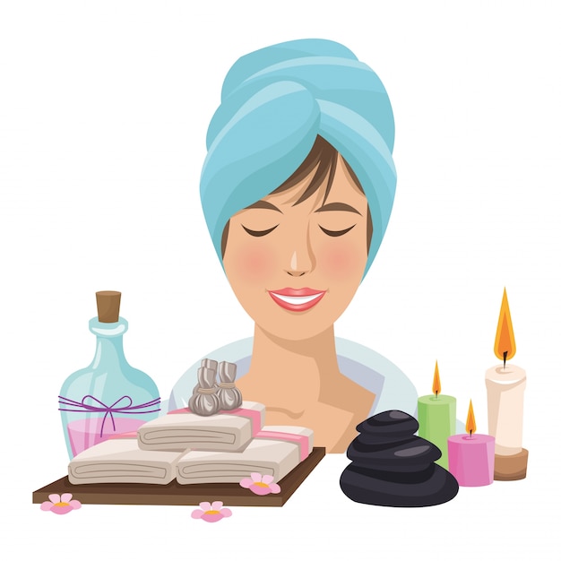 Vector girl cartoon with towel candles stones and oil icon.