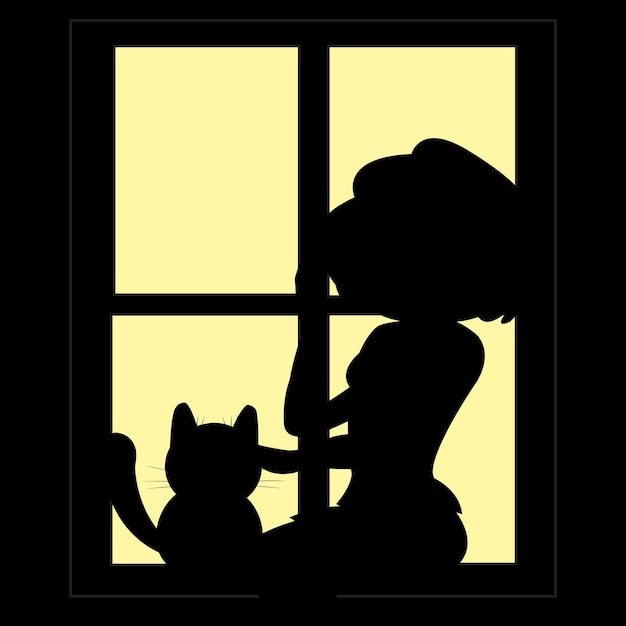 Siluette della ragazza e del gatto nella finestra nella notte