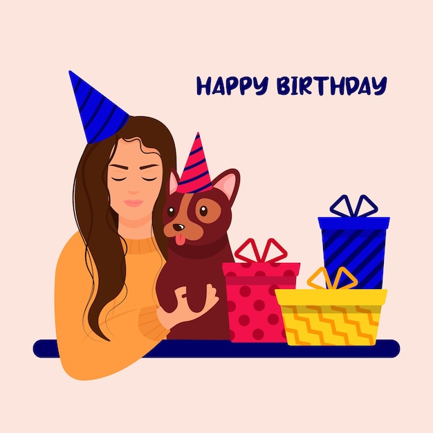 A girl celebrates her birthday with her pet dog Birthday card with girl and dog