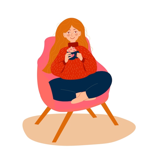 Девушка в кресле с кофе Концепция дизайна Красивая уютная осенняя природа с плоской молодой женщиной