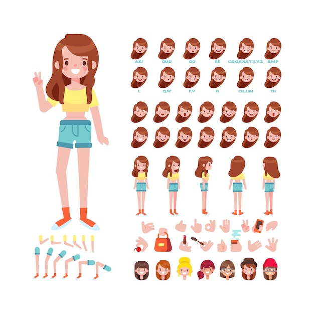 Girl character for animation Various hairstyles emotions lip sync and gestures Front side back view