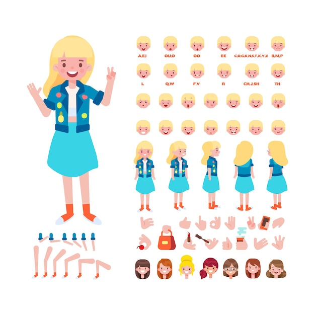 Girl character for animation Various hairstyles emotions lip sync and gestures Front side back view