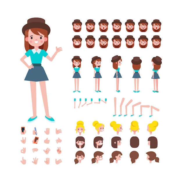 Girl character for animation Various hairstyles emotions lip sync and gestures Front side back view