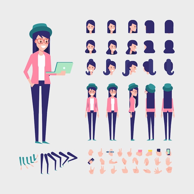 Girl character for animation various hairstyles and gestures front side back view