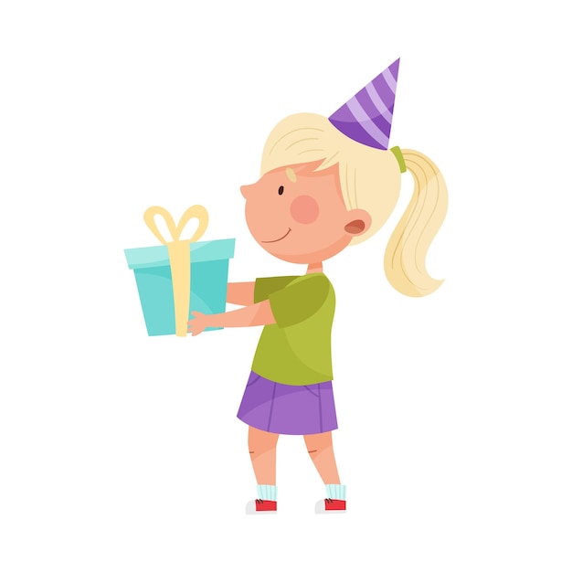 생일 모자를 입은 소녀 캐릭터가 파티 터 일러스트를 위해 선물 상자를 들고 있습니다.