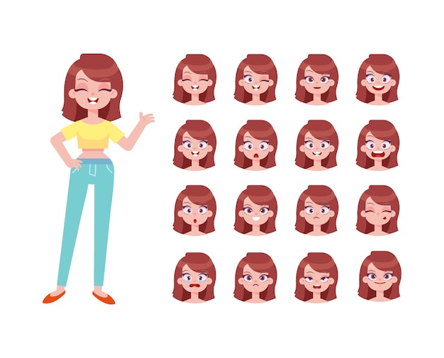 Girl character constructor for animation Various face emotions Front side back view