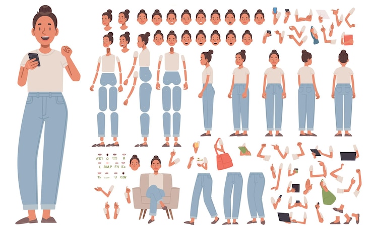 Vector girl character constructor young woman casual positions hands legs head creat animation_ai_generated