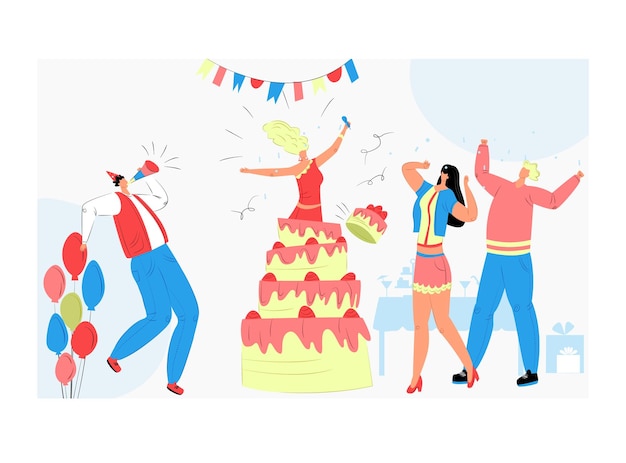 Girl character jumping out cake people cheerful time spend together funny human holiday dance