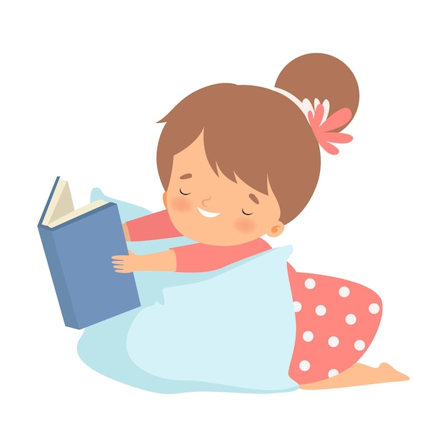 Vector girl character lying on pillow and learning how to read