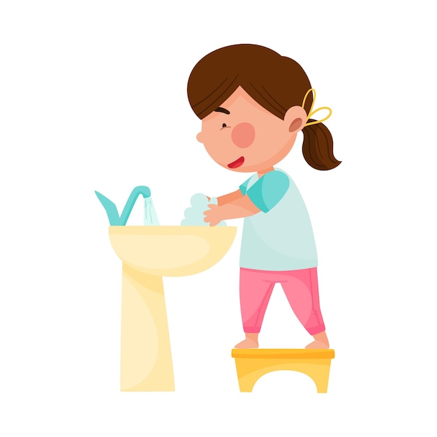 Girl Character Standing on Stool in Bathroom and Washing Face in the Morning Vector Illustration