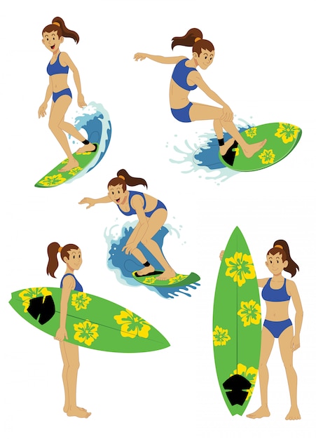 Vector girl character surfing set