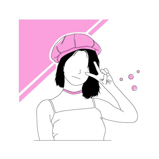 Girl character with cute hat v pose line art illustration